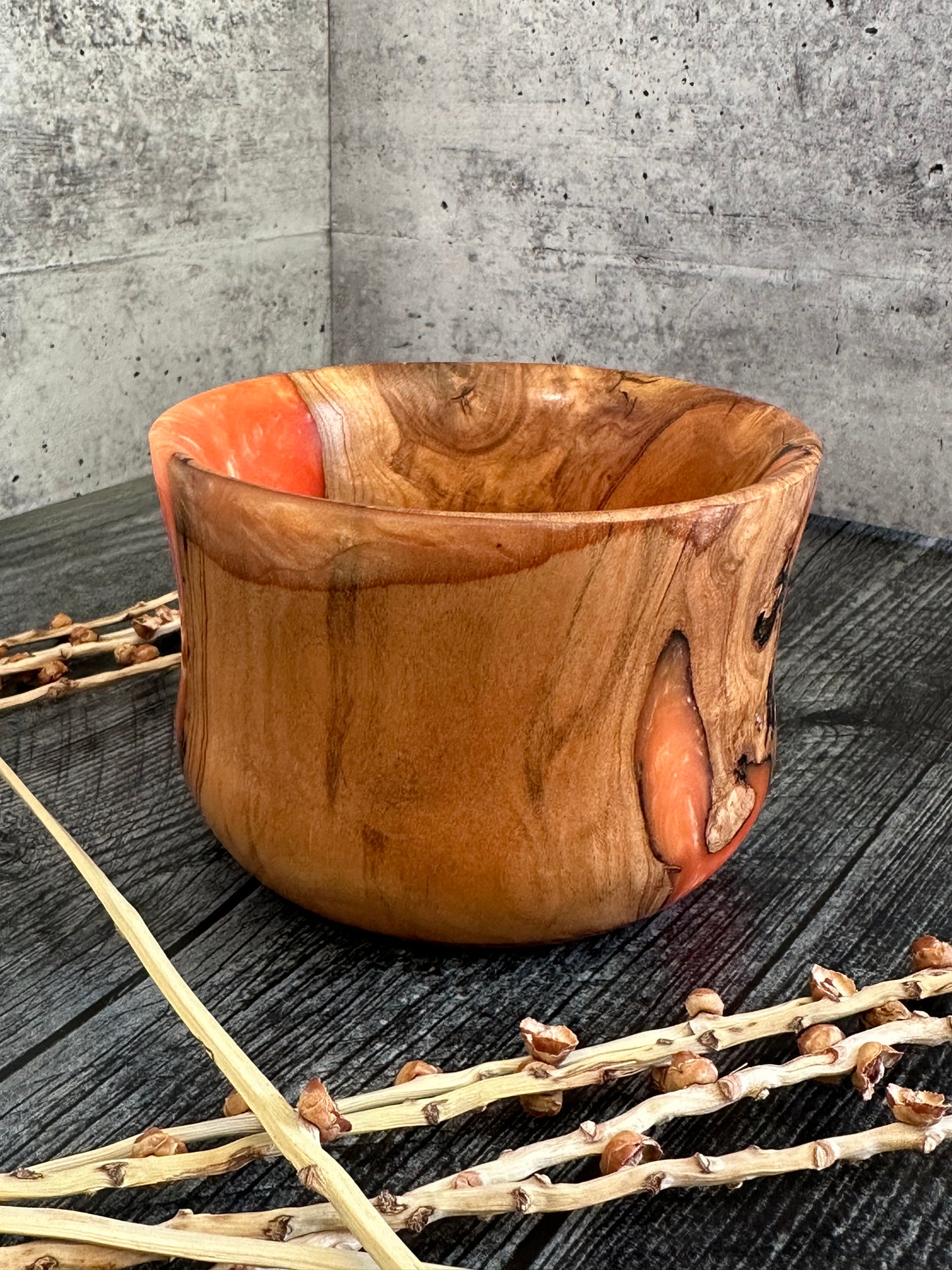 Olive Wood With Orange Resin Hand Turned Bowl