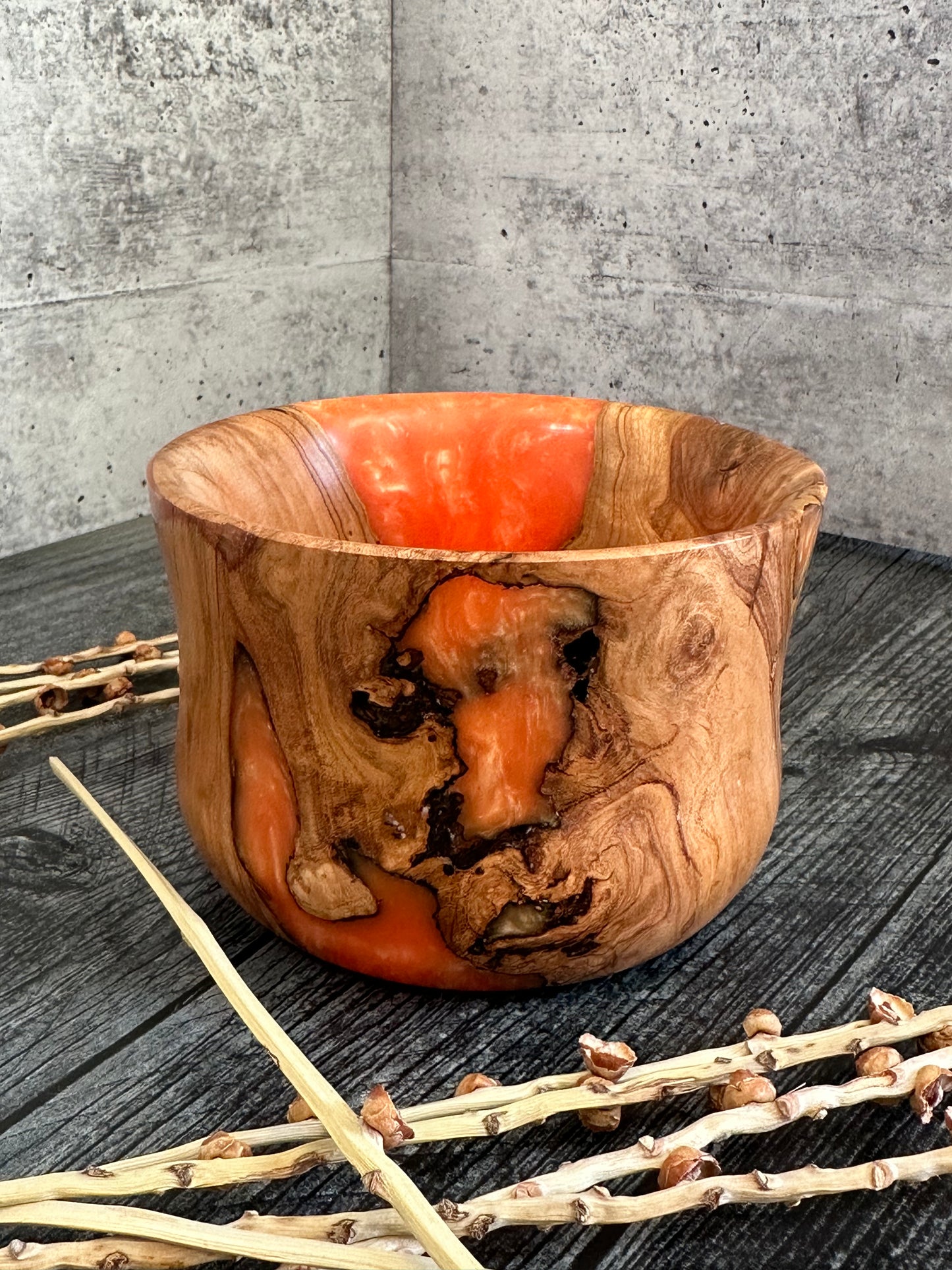 Olive Wood With Orange Resin Hand Turned Bowl