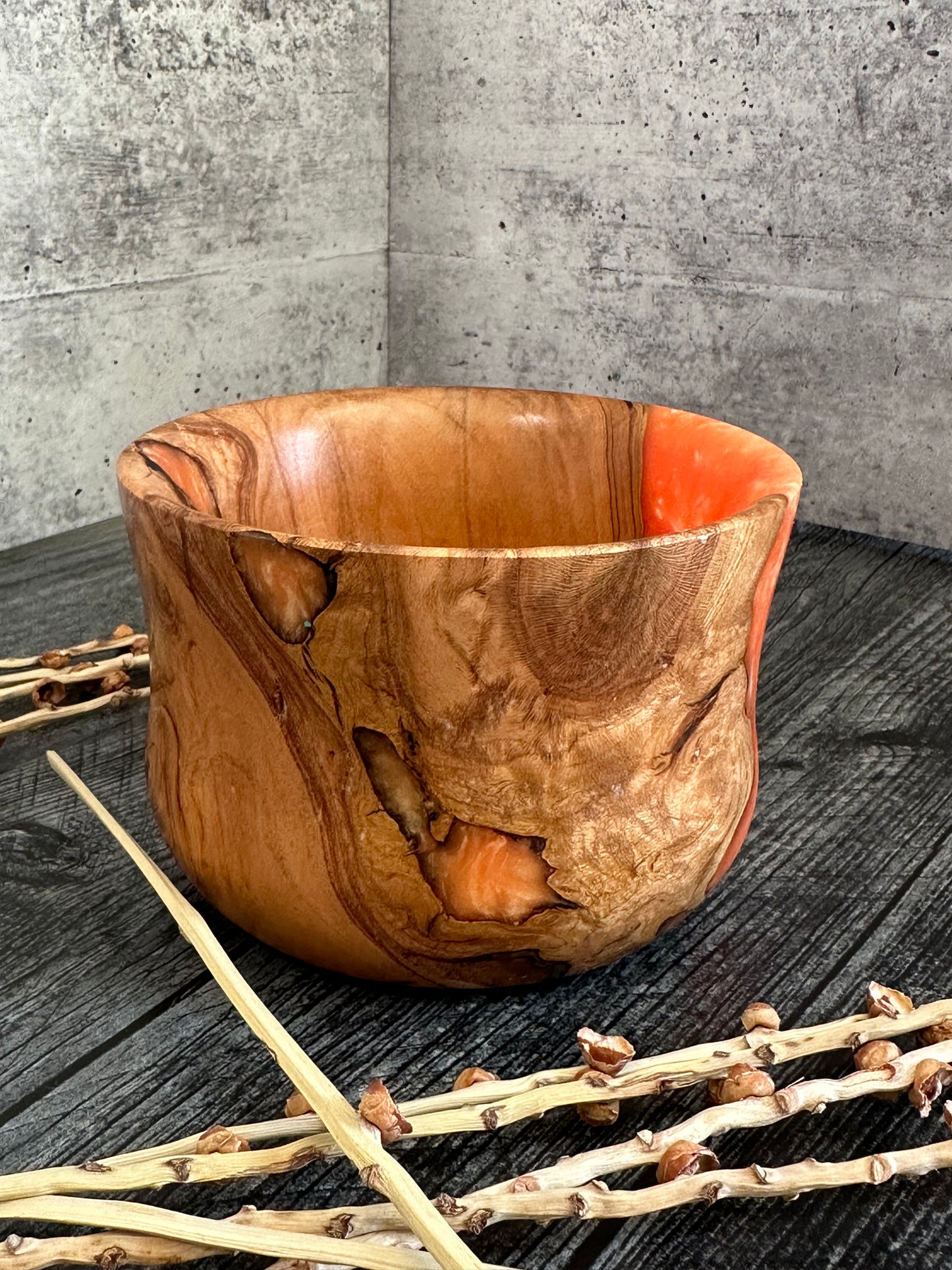 Olive Wood With Orange Resin Hand Turned Bowl