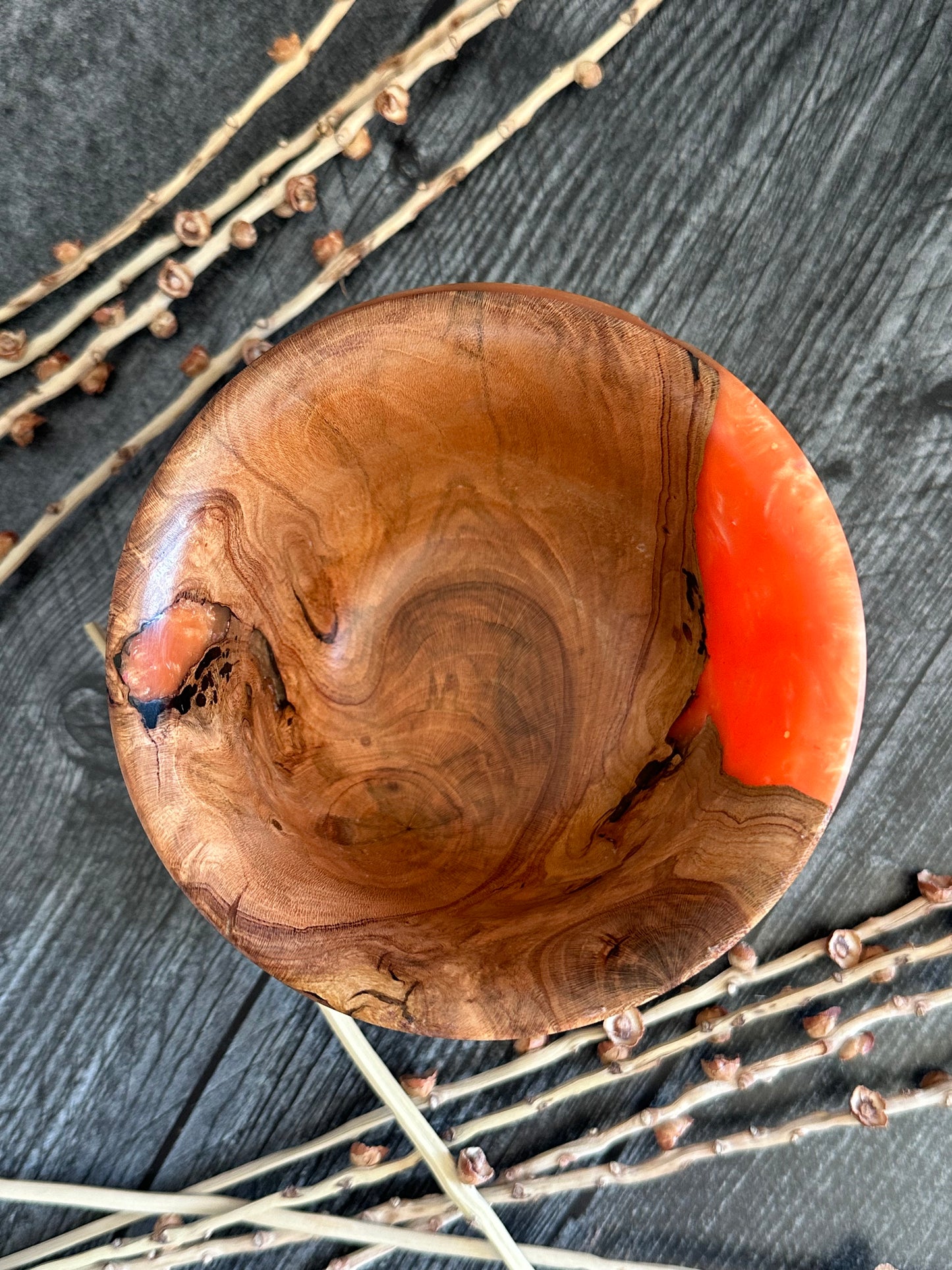 Olive Wood With Orange Resin Hand Turned Bowl