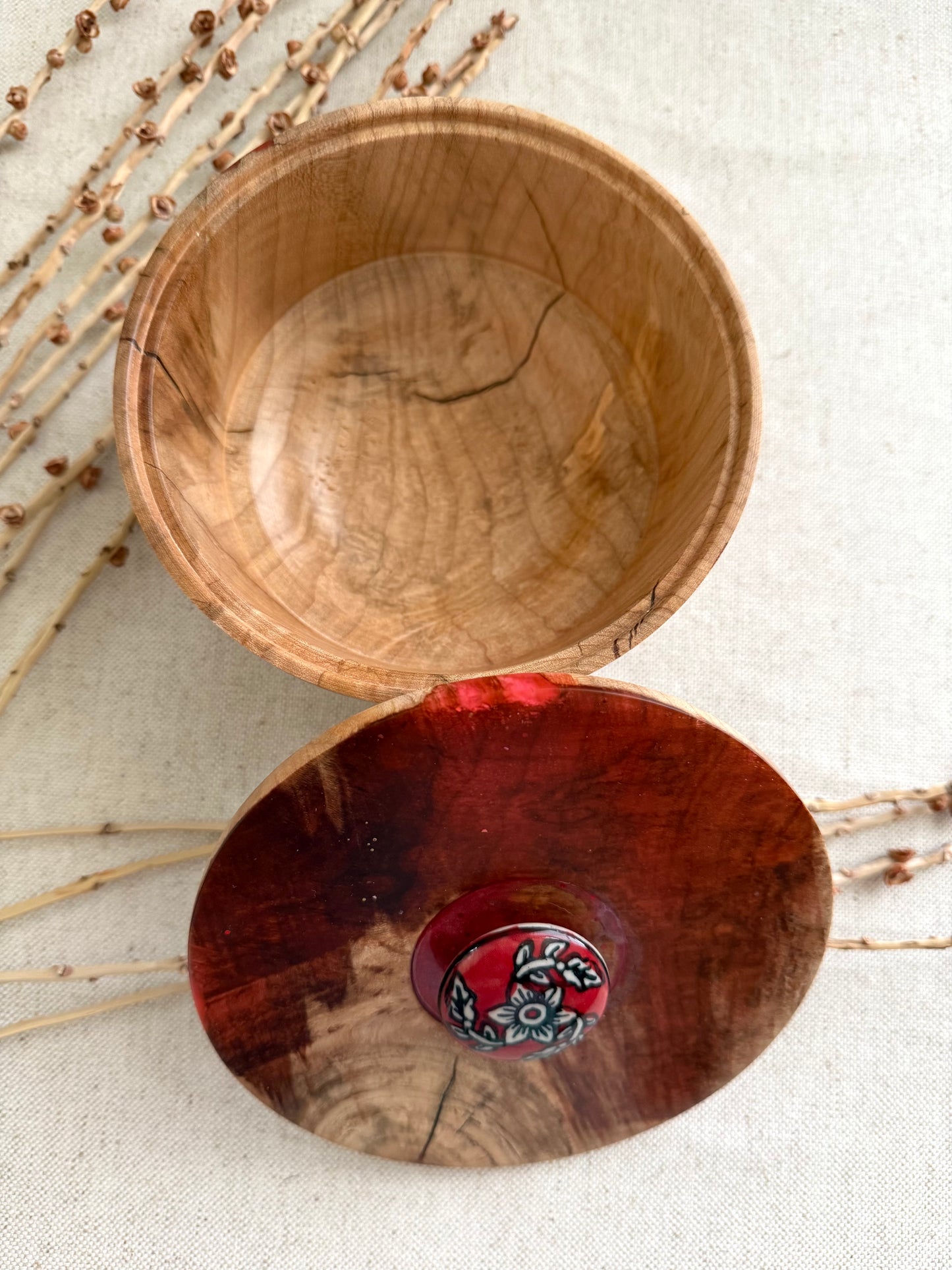 Flaming Box Elder Bowl With Red Resin