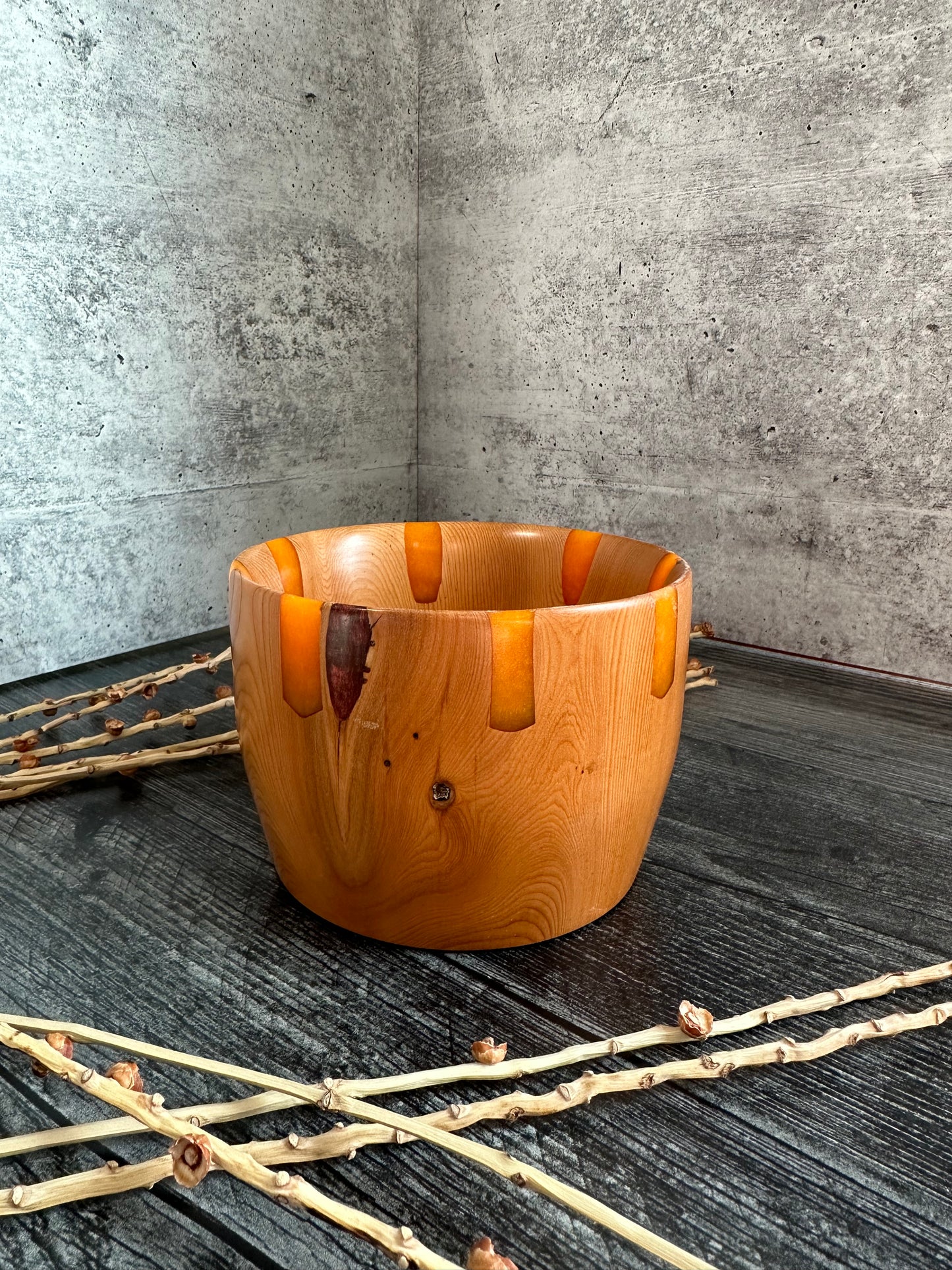 Fruitwood With Orange Resin Hand Turned Bowl