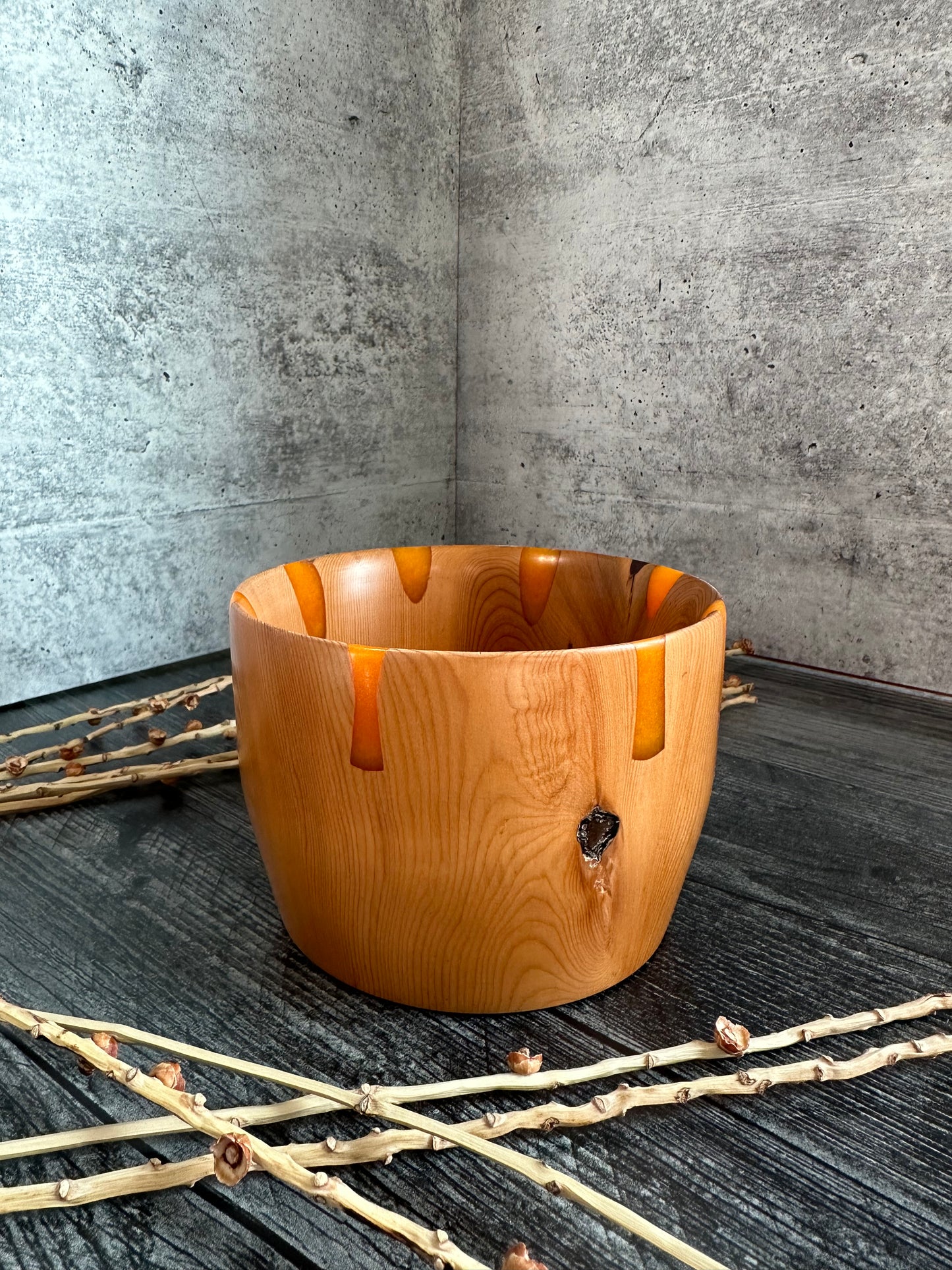 Fruitwood With Orange Resin Hand Turned Bowl