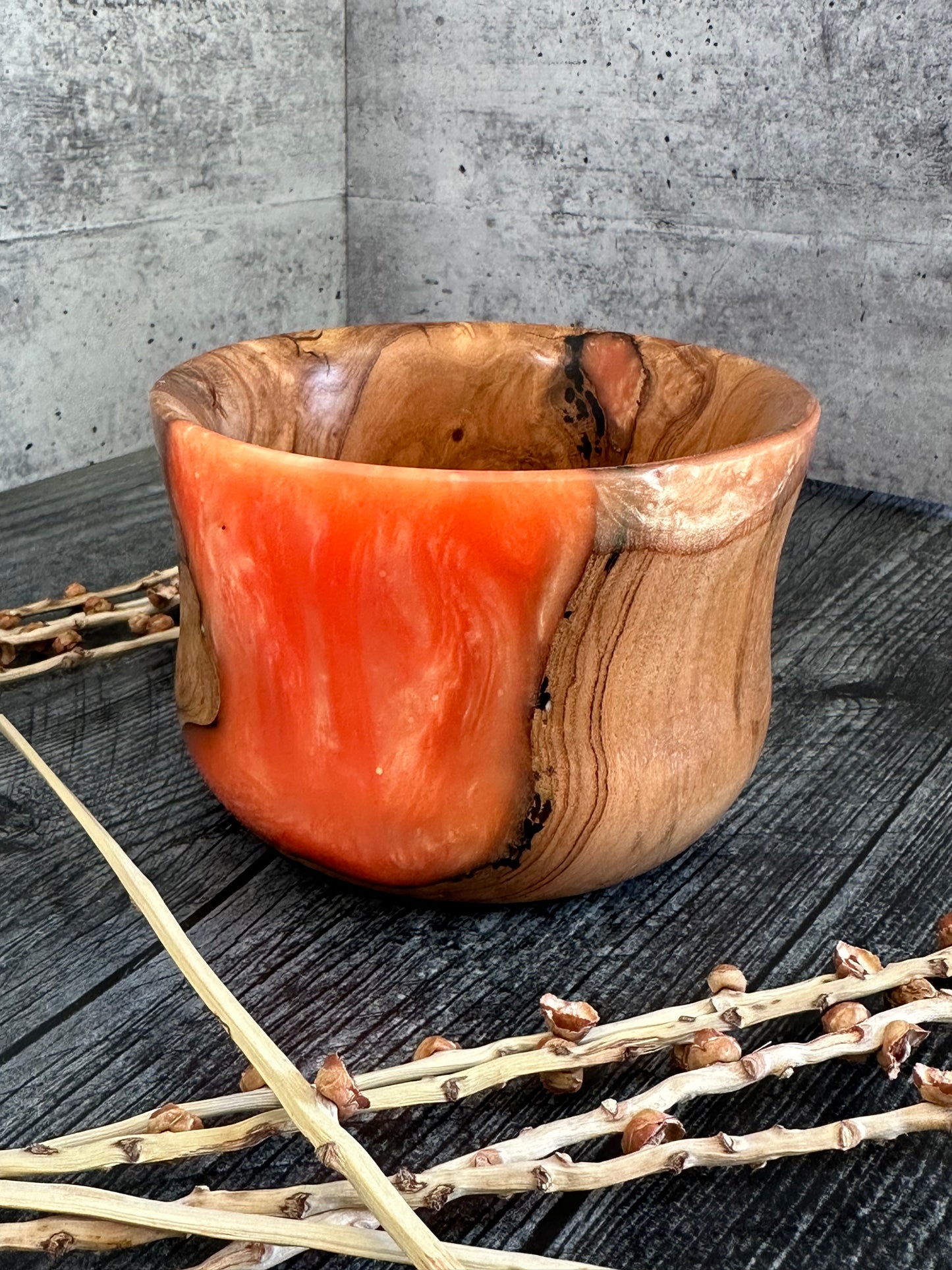 Olive Wood With Orange Resin Hand Turned Bowl