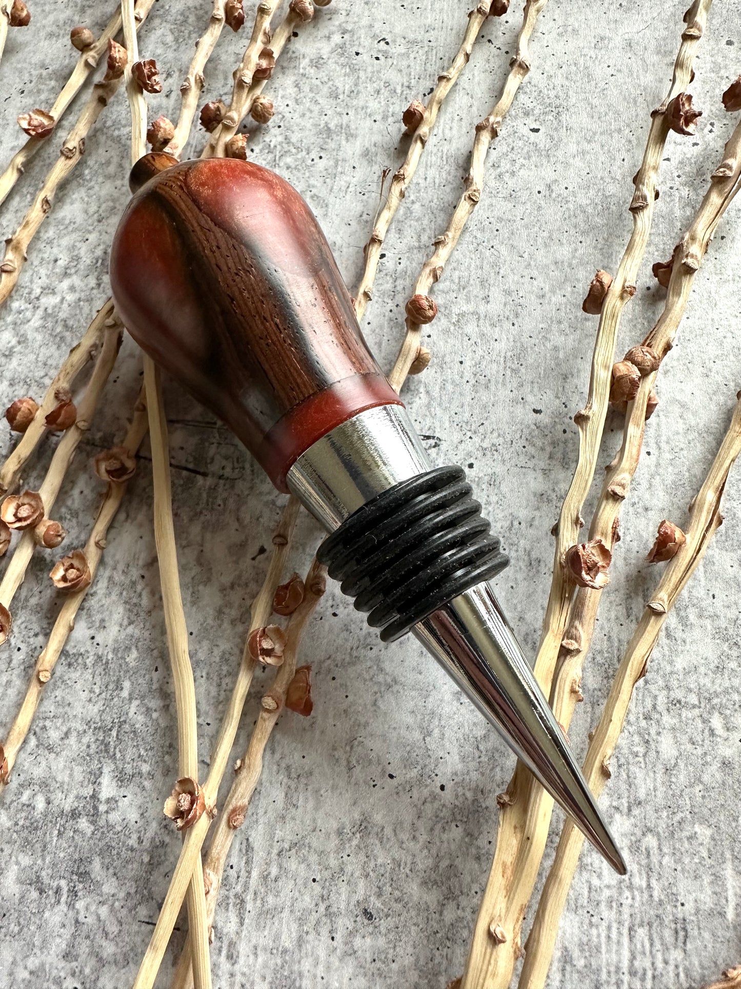 Hand Turned Wooden Wine Stopper with Stainless Steel Hardware
