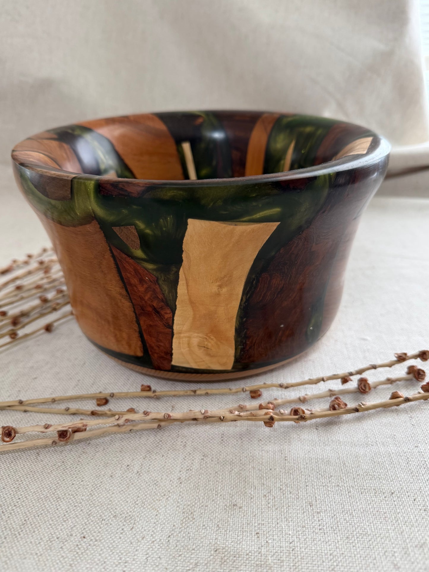 Mixed Exotic Wood Bowl with Green Resin