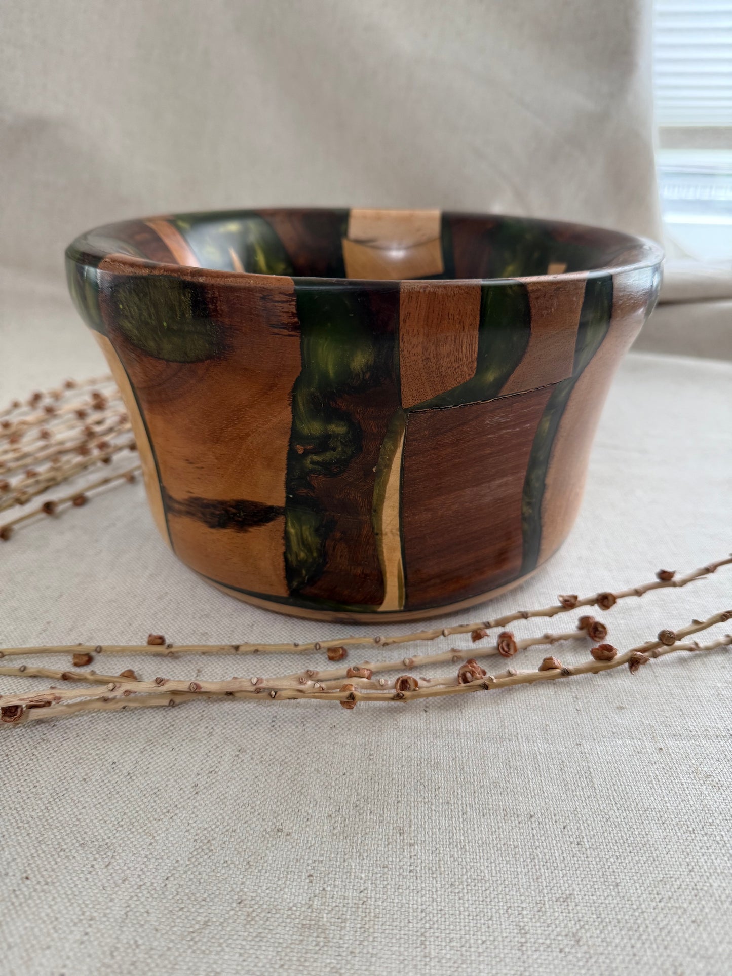 Mixed Exotic Wood Bowl with Green Resin
