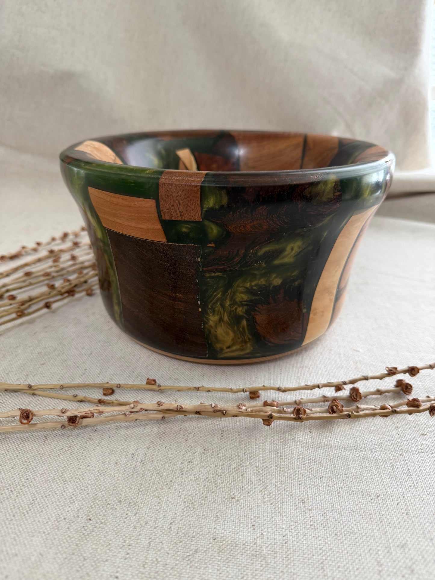 Mixed Exotic Wood Bowl with Green Resin