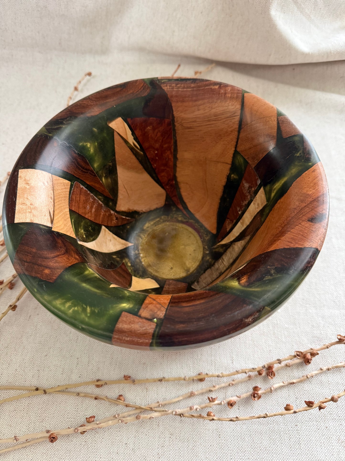 Mixed Exotic Wood Bowl with Green Resin