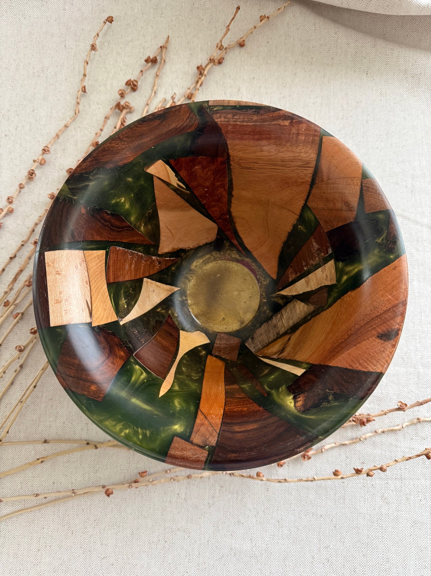 Mixed Exotic Wood Bowl with Green Resin