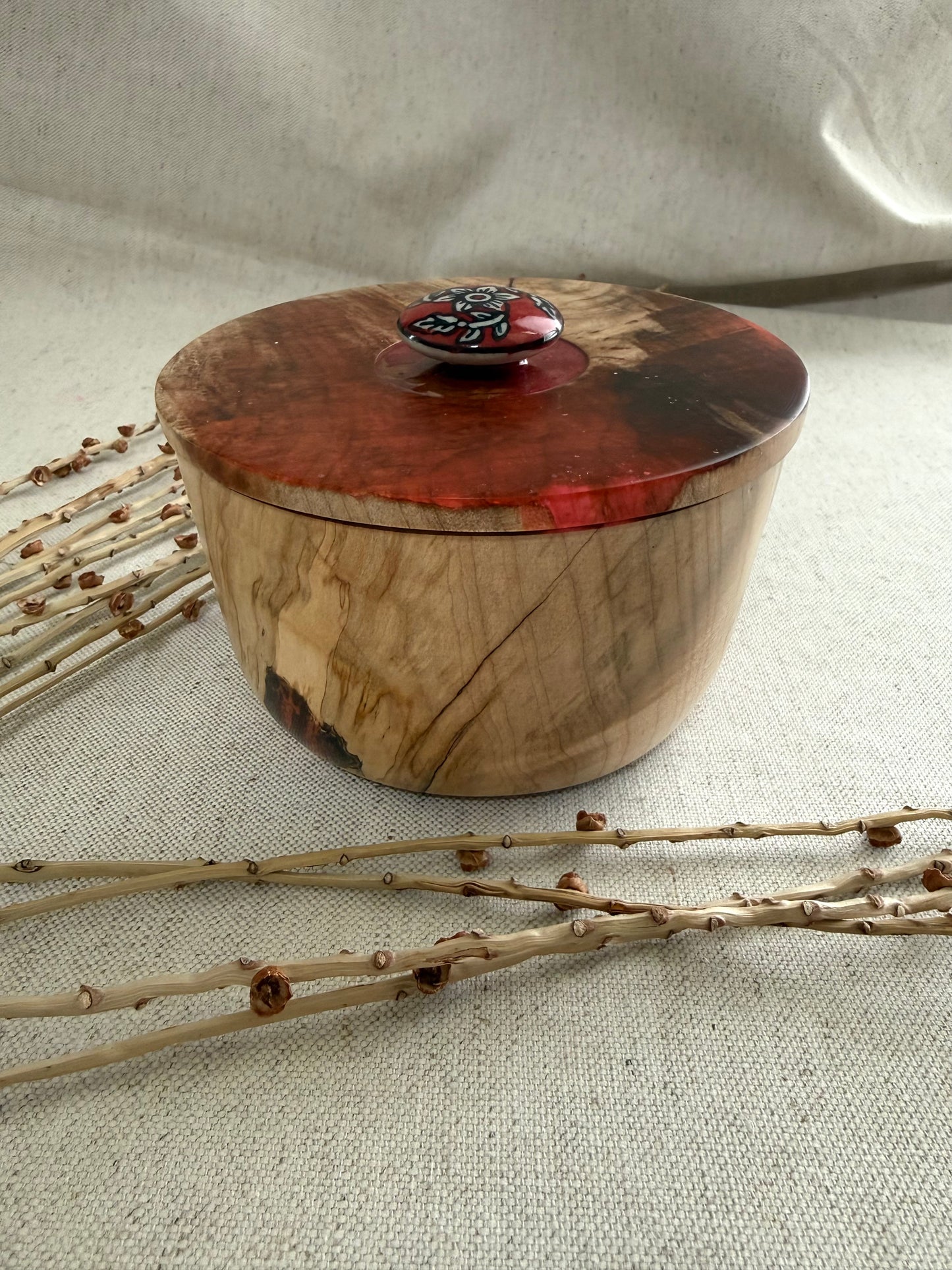 Flaming Box Elder Bowl With Red Resin