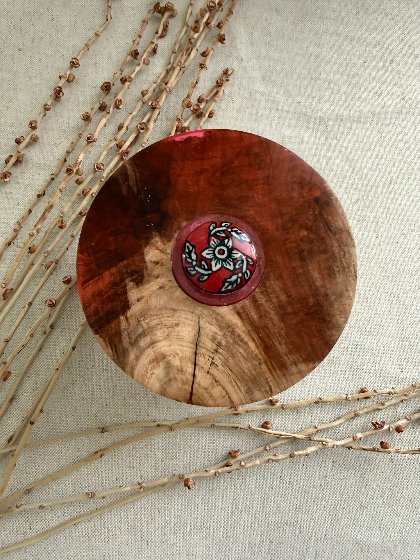 Flaming Box Elder Bowl With Red Resin