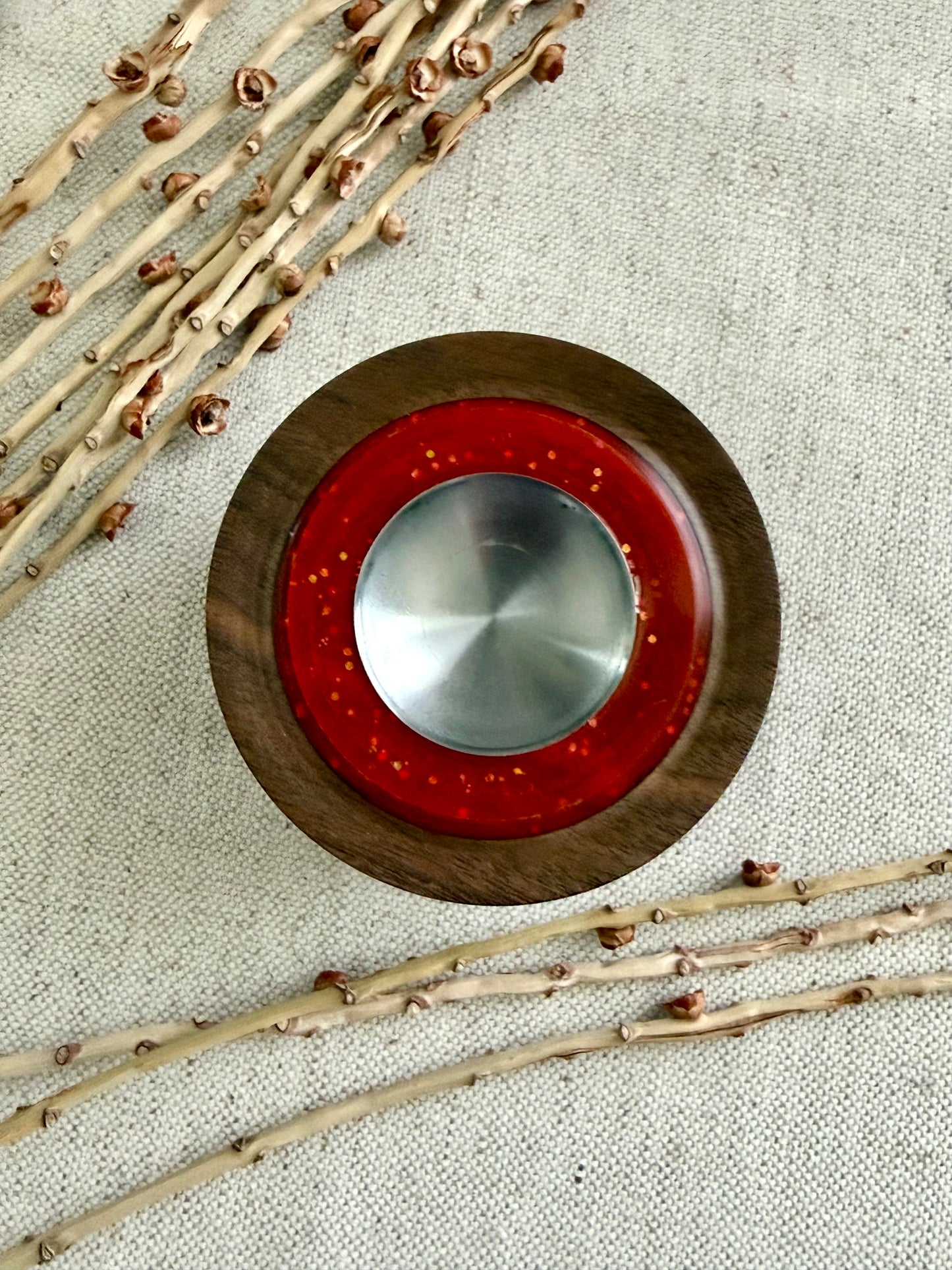 Walnut Support Spindle Bowl with Orange Resin