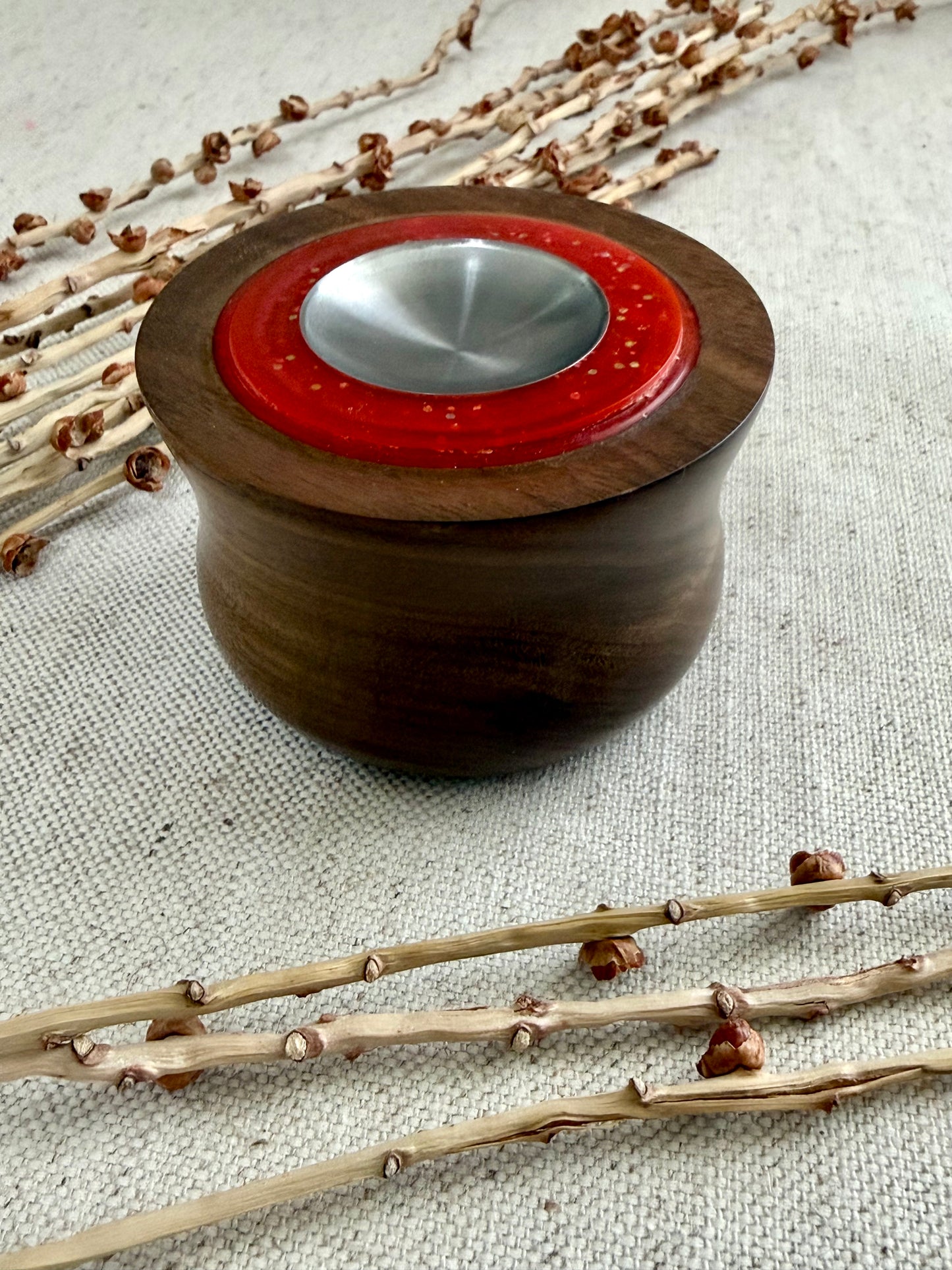 Walnut Support Spindle Bowl with Orange Resin