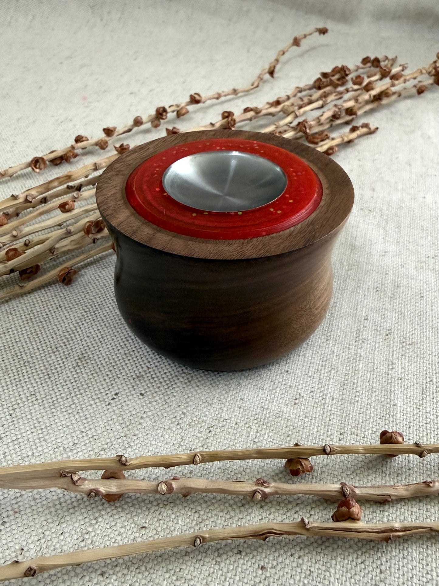 Walnut Support Spindle Bowl with Orange Resin