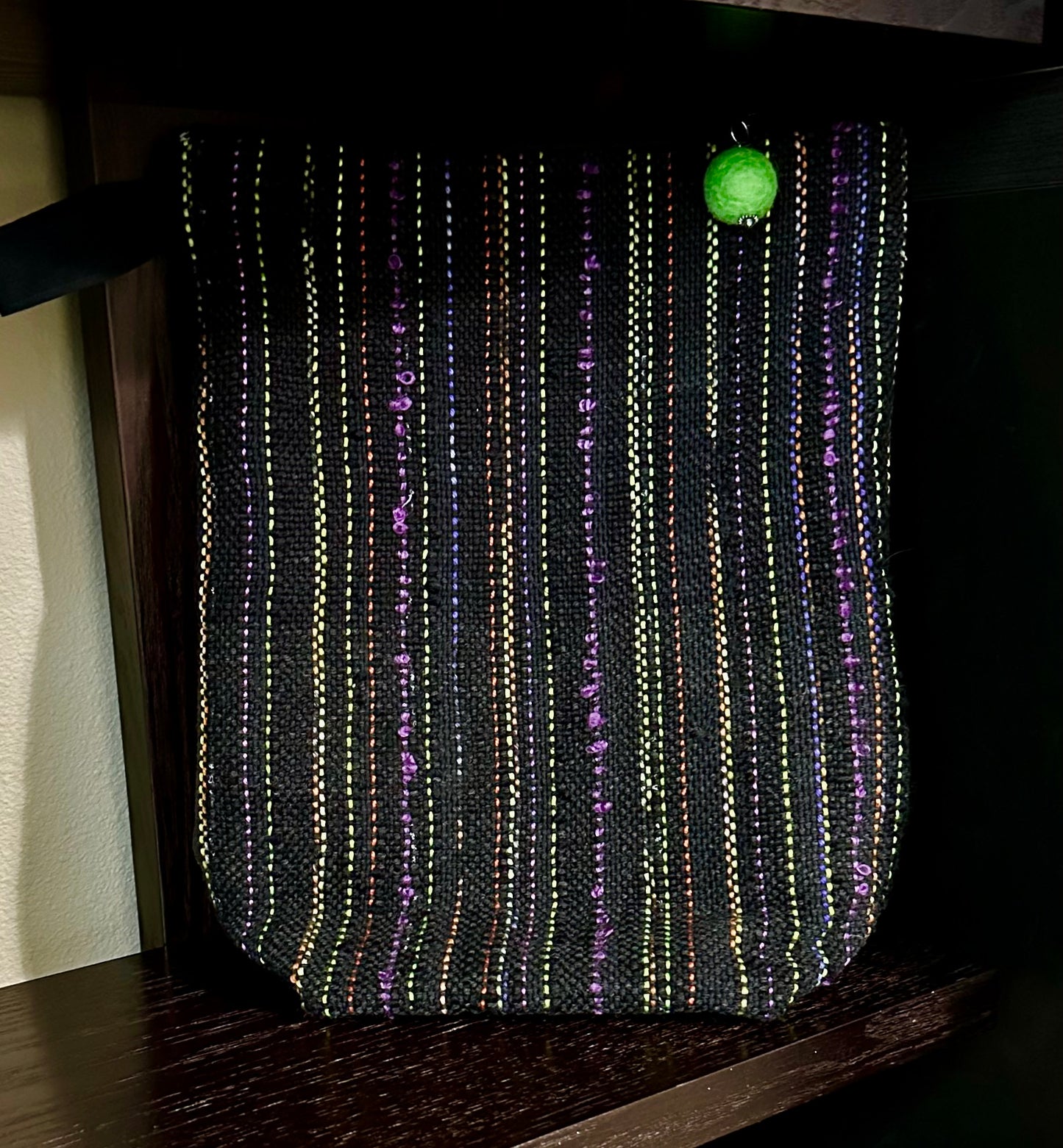 Tall Black Handwoven Project Bag With Stripes