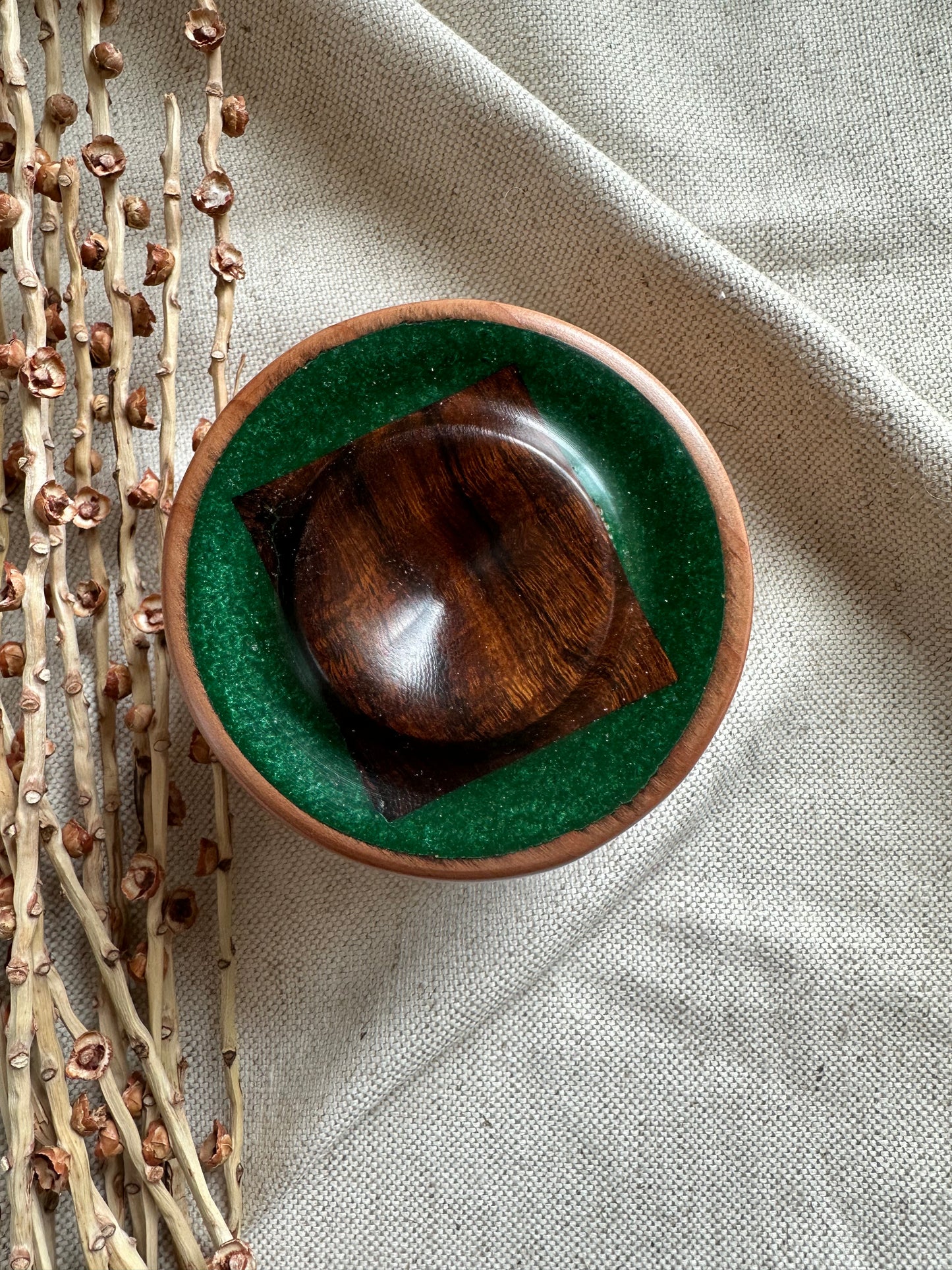 Walnut with Green Resin Support Spindle Bowl