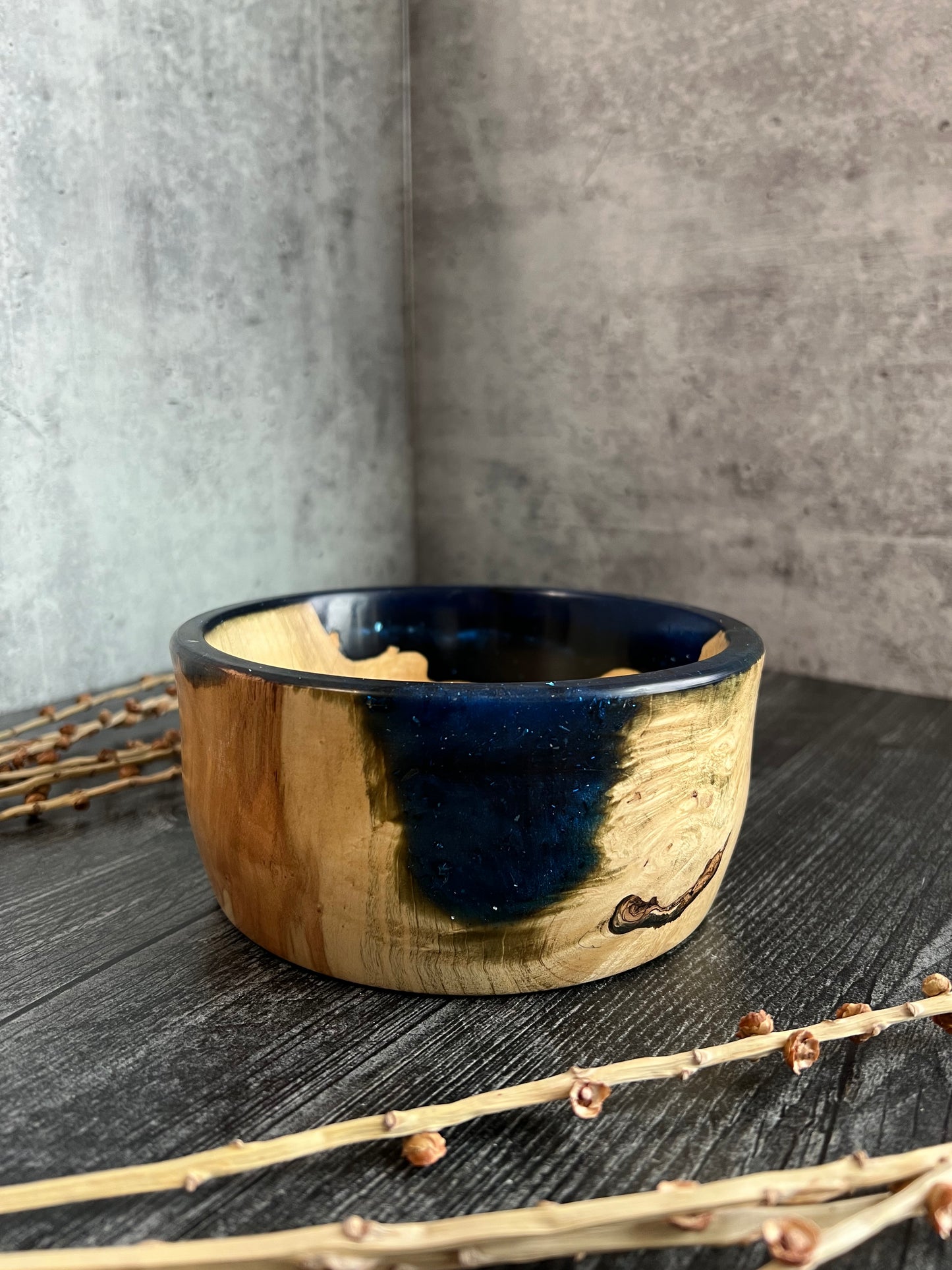 Flaming Box Elder With Blue Resin Hand Turned Bowl