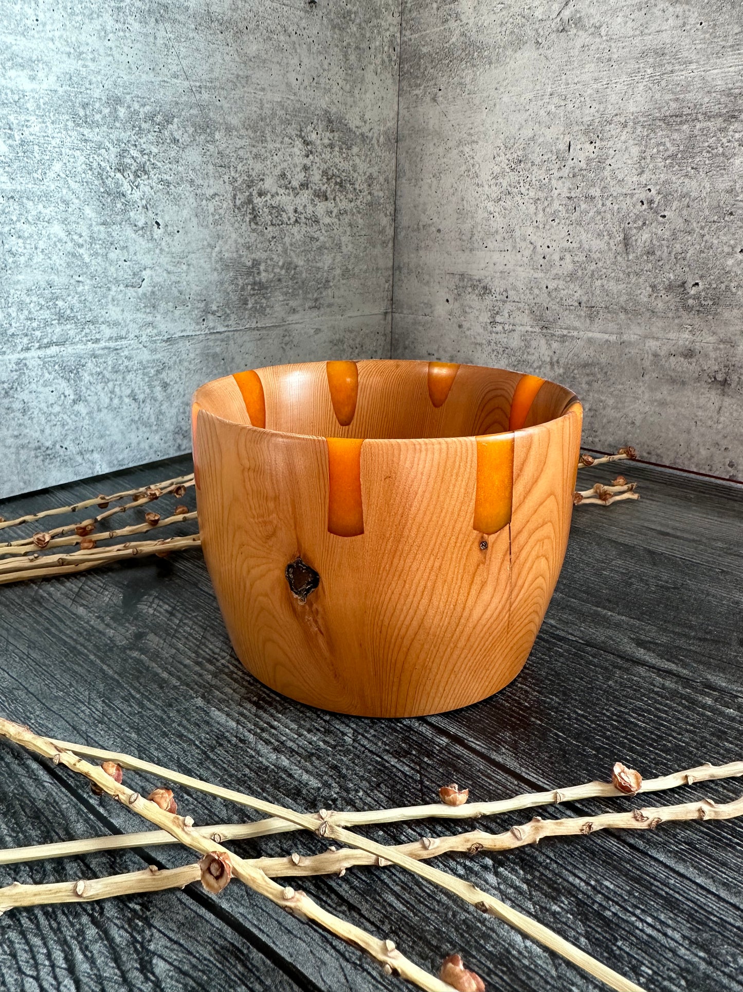 Fruitwood With Orange Resin Hand Turned Bowl